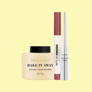 Swiss Beauty Bake It Away Banana Loose Powder 28g,  Swiss Beauty Matte Cat Lip Crayon Shade  ( Tangerine Buff, Regal Camarine, Berry Blast, Wild Pink, Flemingo) & Swiss Beauty HD Matte Liquid Eyeliner
